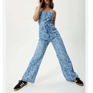Afends Fink Arlo Hemp Denim Jumpsuit Worn Blue Daisy Size XS 2 70s Summer Trend